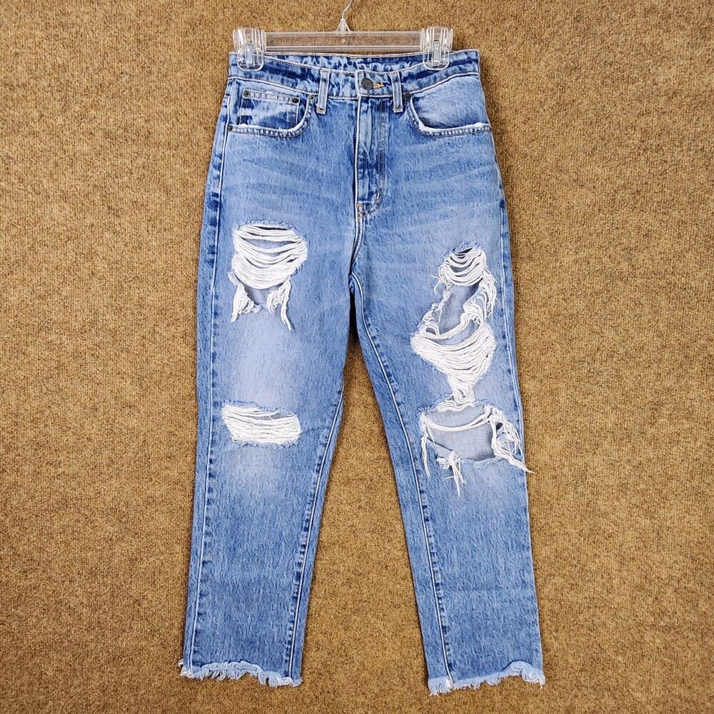 Carmar LA Woman Jeans Distressed Pockets Straight Raw Hem Blue 100% Cotton Sz 26